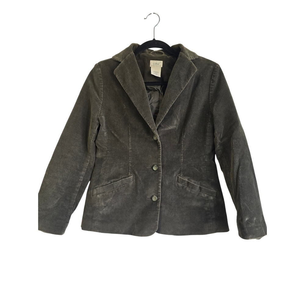 LL Bean‎ Womens Petite 4 Corduroy Blazer Jacket Dark Olive Brown 3-Button 0YR82